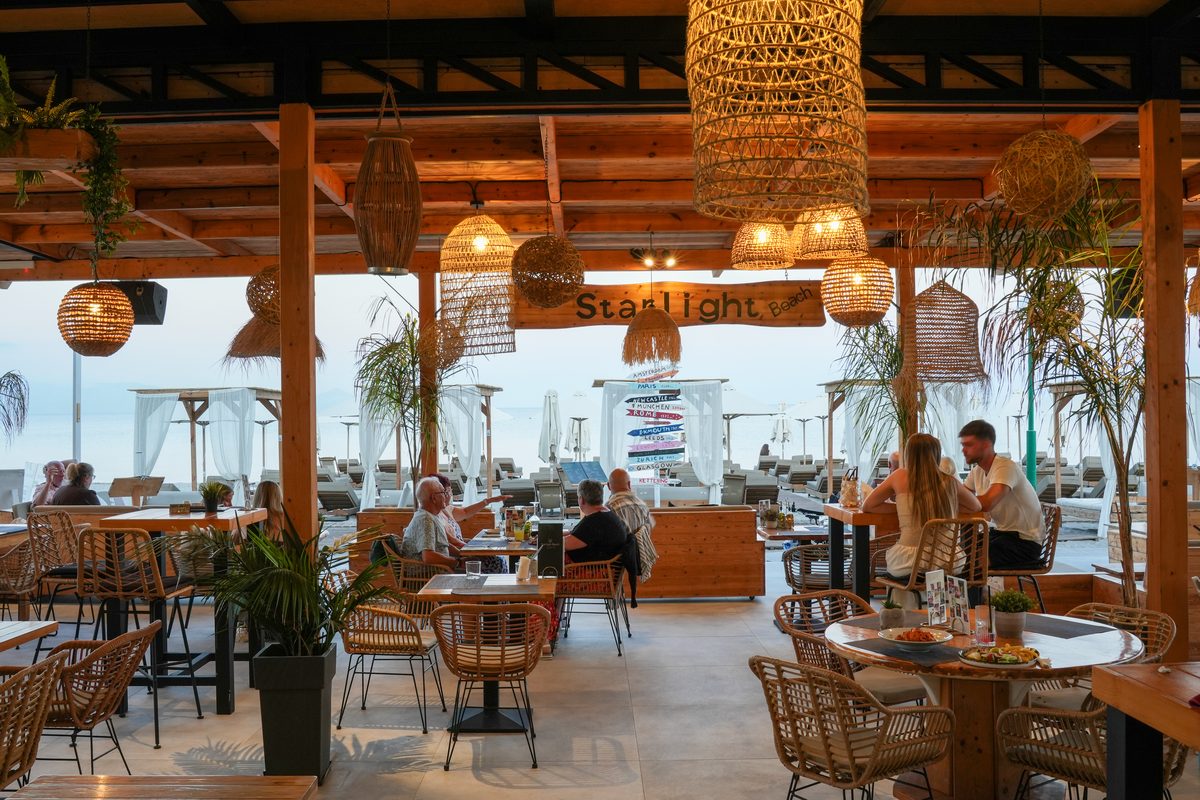 The open-air terrace of Starlight Beach Bar looking out to the sea in Kardamena